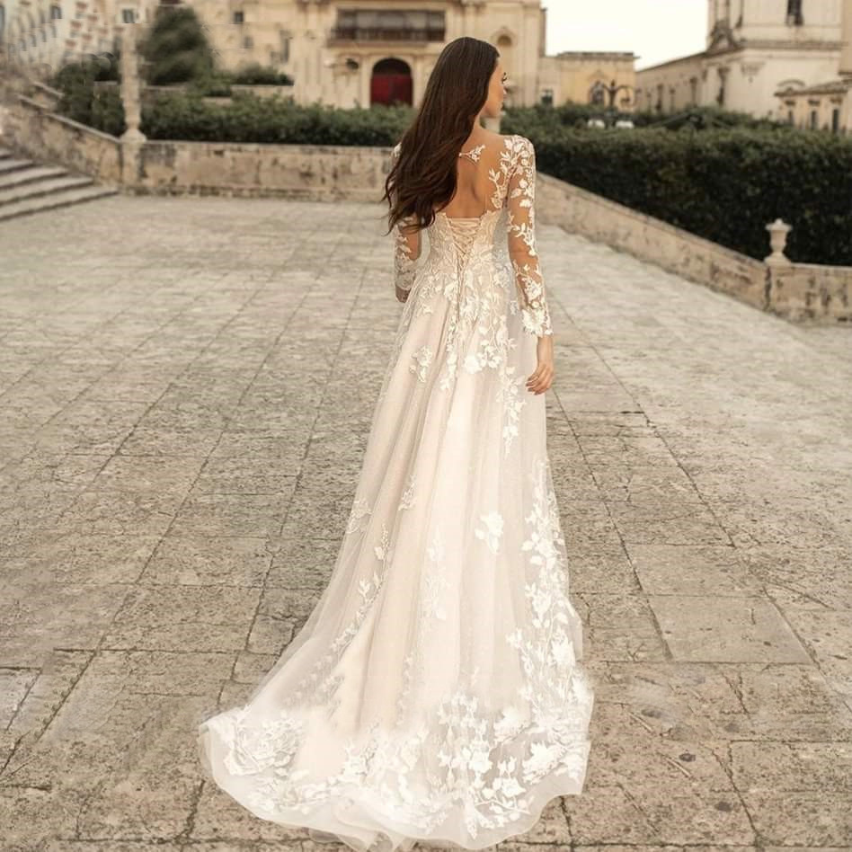 Beach Wedding Beach Formal Wedding Dresses A-Line V Neck Long Sleeve Dresses